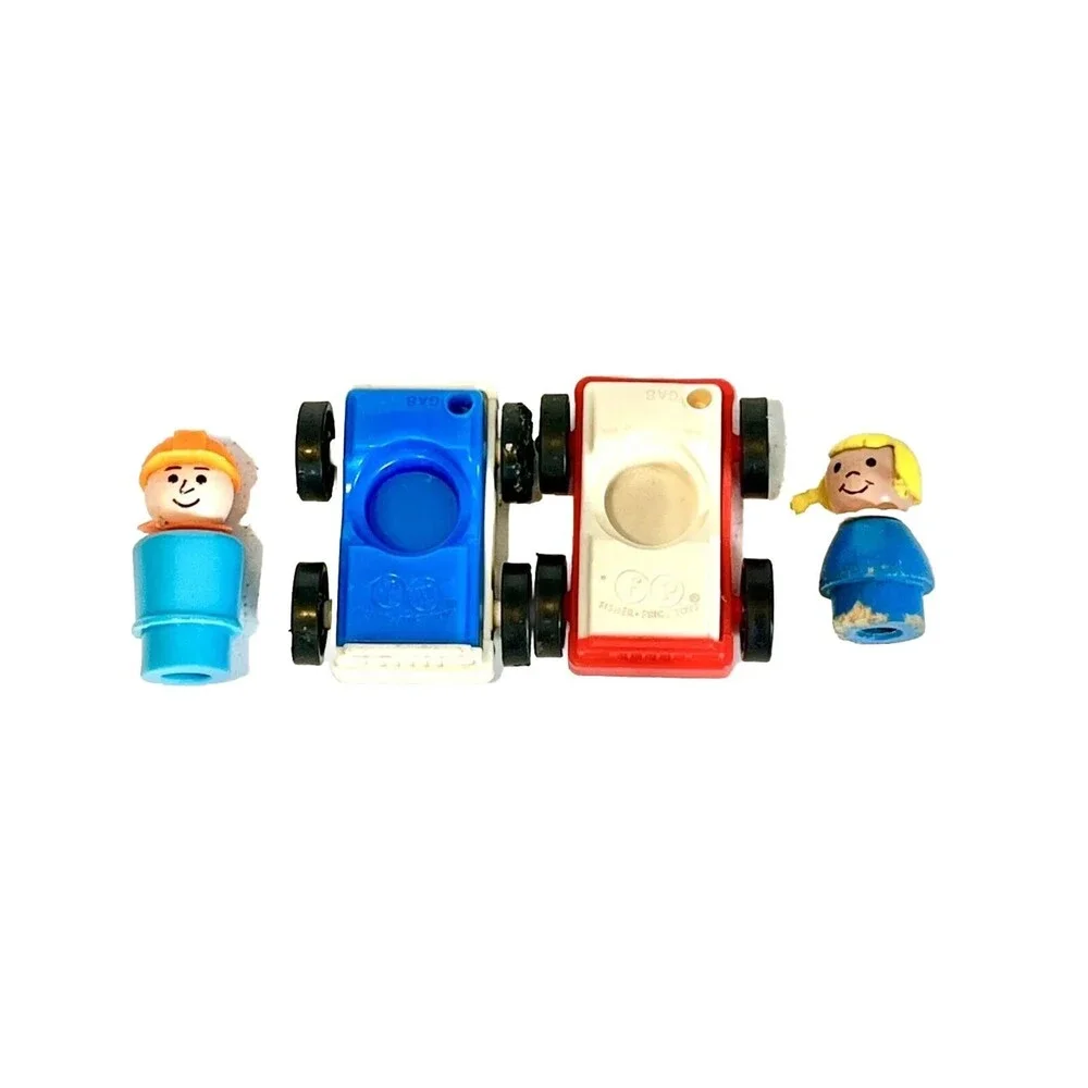 Vintage Fisher Price Little People Retro Colorblock Cars Blonde Girl Hardhat Boy